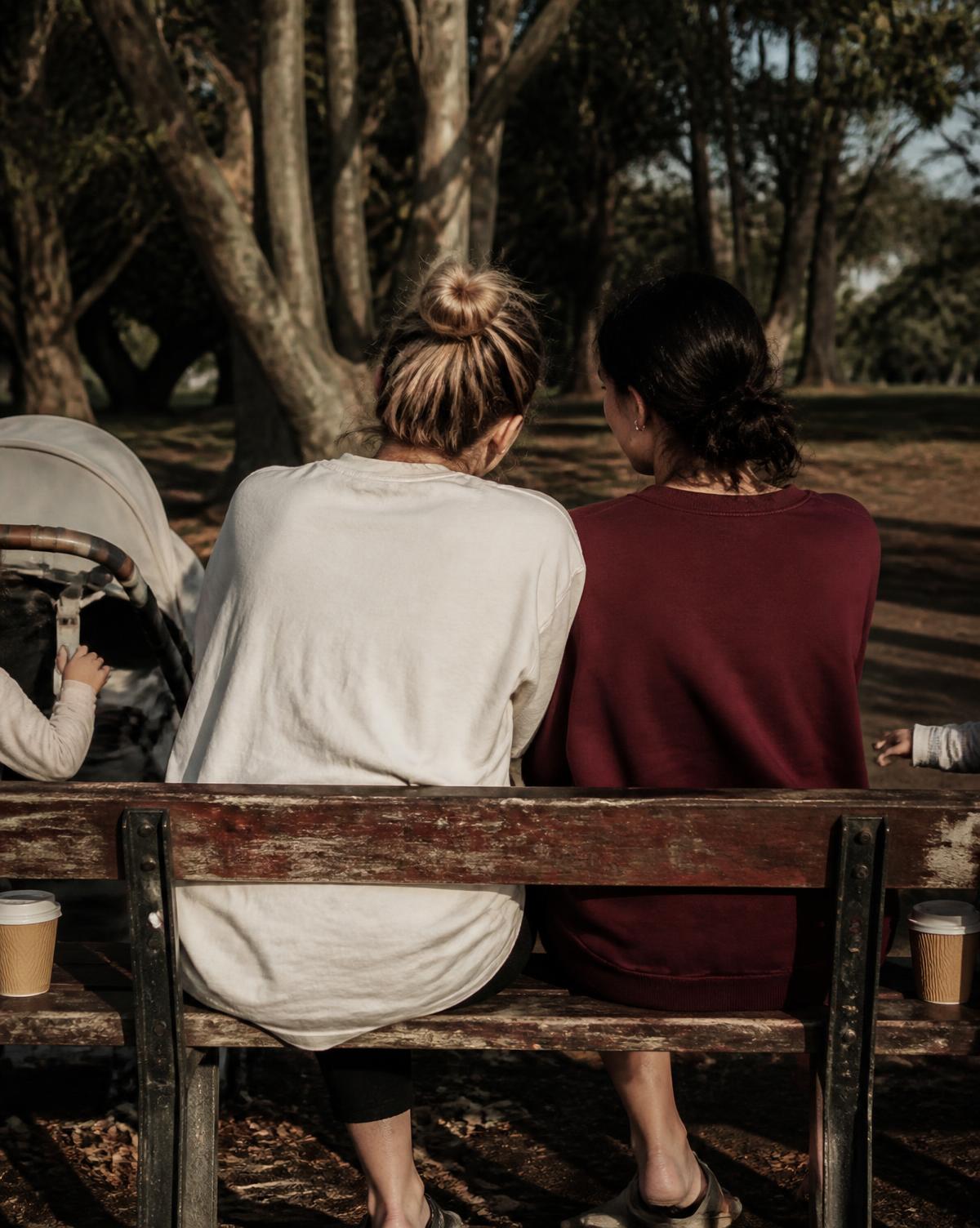 Two mothers sitting shoulder to shoulder on a park bench beside a pram